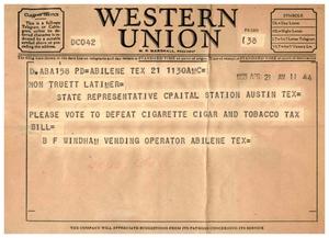 [Telegram from B. F. Windham to Truett Latimer, April 21, 1955]