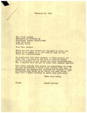 [Letter from Truett Latimer to Viola Sutton, February 14, 1957]