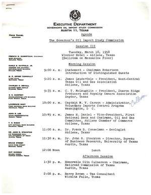 [The Governor's Oil Import Study Commission Agenda, March 18, 1958]