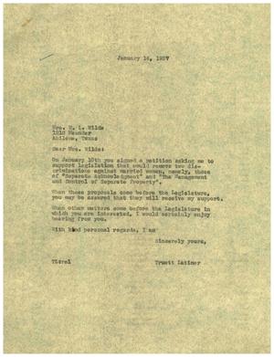 [Letter from Truett Latimer to Mrs. E. L. Wilde, January 14, 1957]