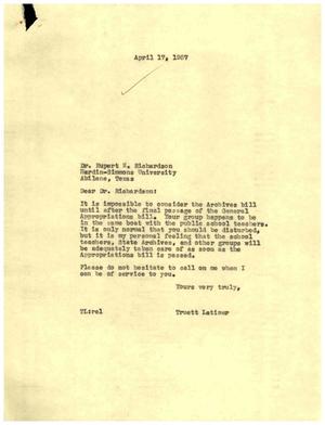 [Letter from Truett Latimer to Rupert N. Richardson, April 17, 1957]