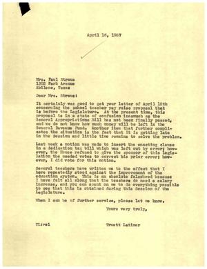 [Letter from Truett Latimer to Mrs. Paul Straus, April 16, 1957]