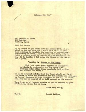 [Letter from Truett Latimer to Raymond V. Weber, February 19, 1957]