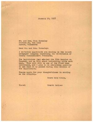 [Letter from Truett Latimer to Mr. and Mrs. Jack Townsley, January 10, 1957]