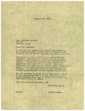 [Letter from Truett Latimer to Mrs. Arvelene Roberts, January 15, 1957]