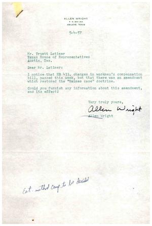 Primary view of object titled '[Letter from Allen Wright to Truett Latimer, May 4, 1957]'.