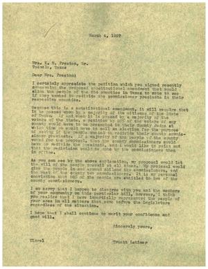 Primary view of object titled '[Letter from Truett Latimer to Mrs. K. M. Preston, Sr., March 4, 1957]'.