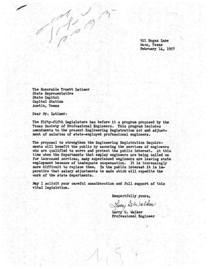 [Letter from Larry G. Walker to Truett Latimer, February 14, 1957]