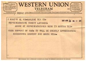 [Telegram from Richardson Grocery, April 23, 1957]
