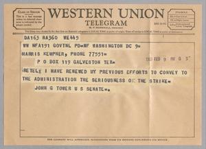 [Telegram from John G. Tower to Harris Kempner, 1965-02-09]