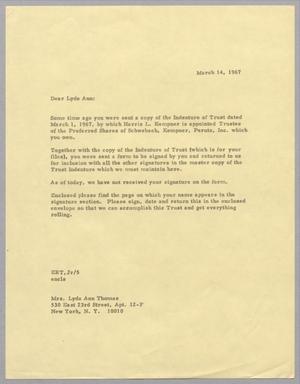 [Letter from Edward R. Thompson, Jr. to Lyda Ann Thomas, March 14, 1967]