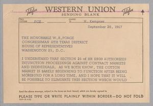 [Telegram from Harris Kempner to W. R. Poage, September 20, 1967]