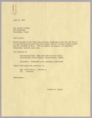 Primary view of object titled '[Letter from Arthur M. Alpert to Dr. Aaron Fradkin, July 19, 1967]'.