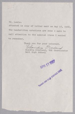 [Letter from Claudia Overland to Mr. Lewis, May 16, 1966]