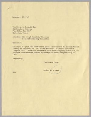 [Letter from Arthur M. Alpert to Ralph Anselmi, November 27, 1967]