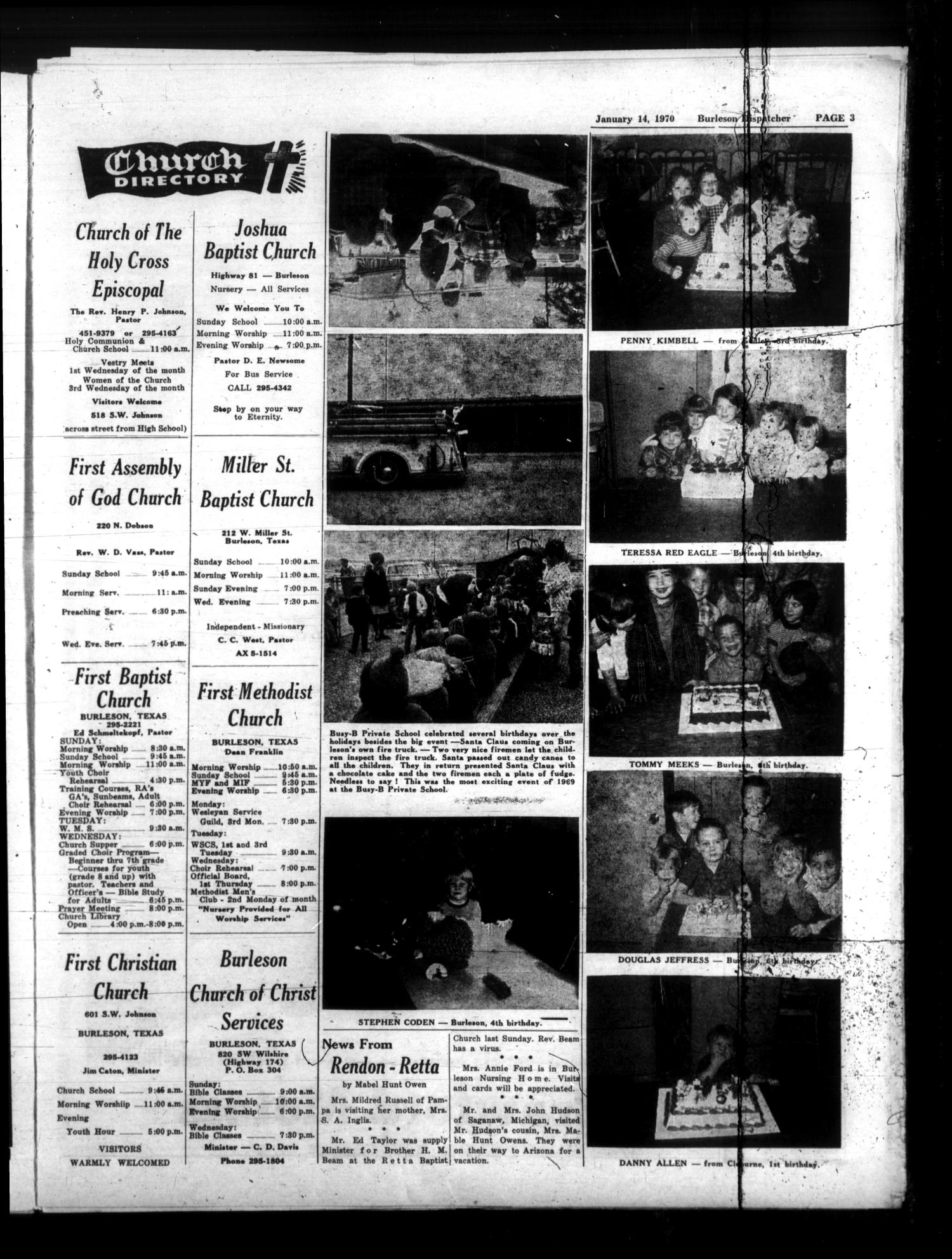 Burleson Dispatcher (Burleson, Tex.), Vol. 11, No. 7, Ed. 1 Wednesday, January 14, 1970
                                                
                                                    [Sequence #]: 3 of 10
                                                