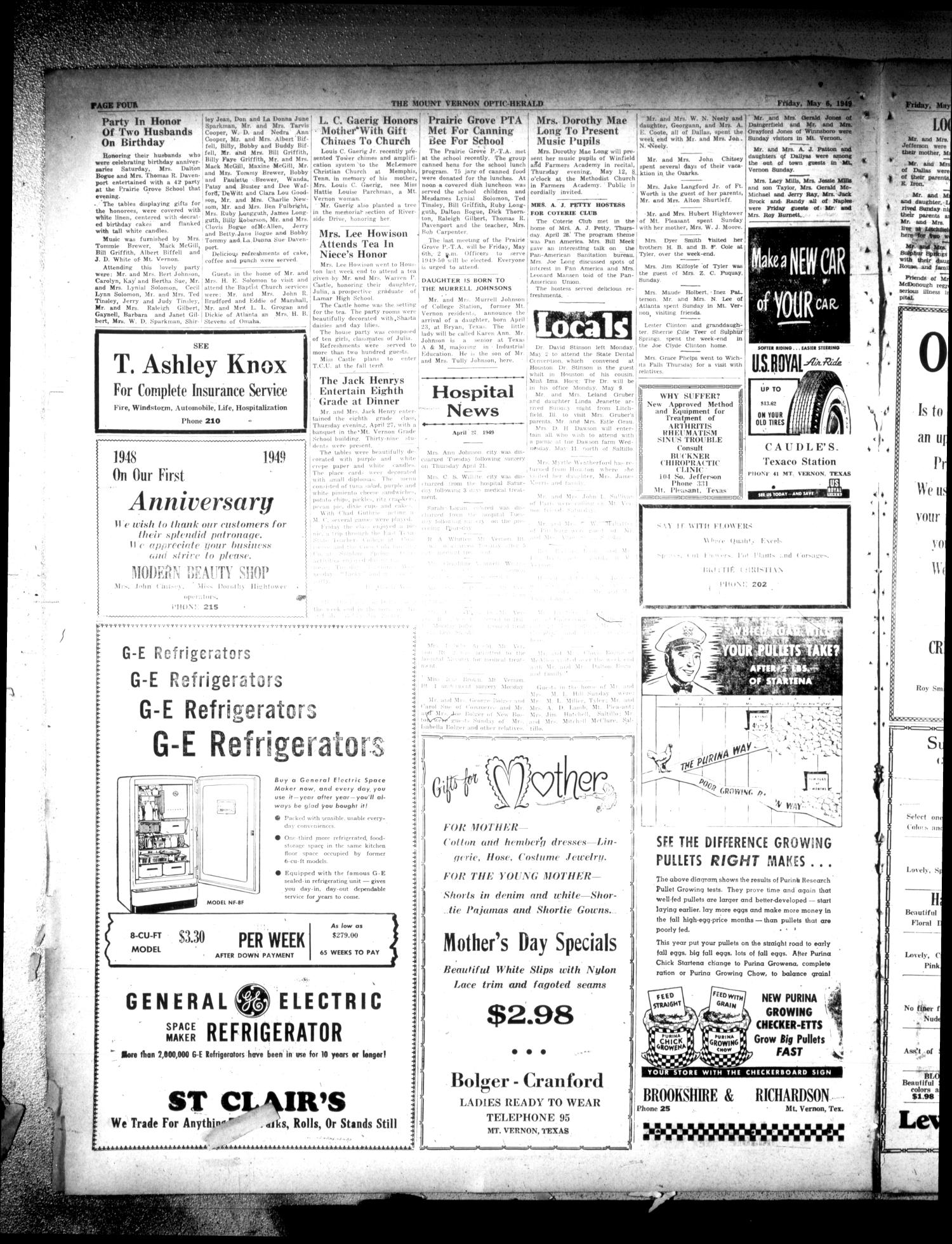 Mt. Vernon Optic-Herald (Mount Vernon, Tex.), Vol. 75, No. 29, Ed. 1 Friday, May 6, 1949
                                                
                                                    [Sequence #]: 4 of 8
                                                