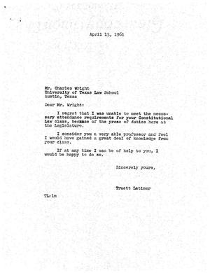 [Letter from Truett Latimer to Charles Wright, April 13, 1961]