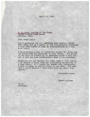 [Letter from Truett Latimer to H. F. Long, April 13, 1959]