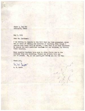 [Letter from A. W. Scott to Truett Latimer, May 3, 1961]
