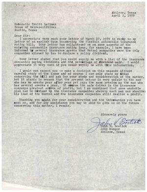 [Letter from John V. Bostick to Truett Latimer, April 2, 1959]