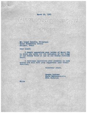 [Letter from Truett Latimer to Lloyd Swindle, March 21, 1961]