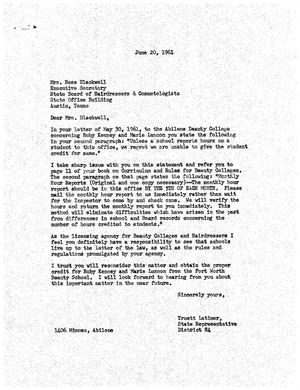 [Letter from Truett Latimer to Bess Blackwell, June 20, 1961]