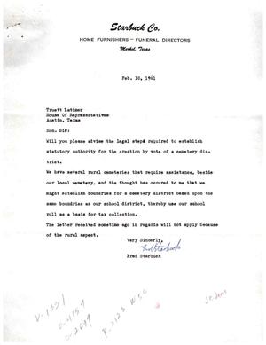 [Letter from Fred Starbuck to Truett Latimer, February 10, 1961]
