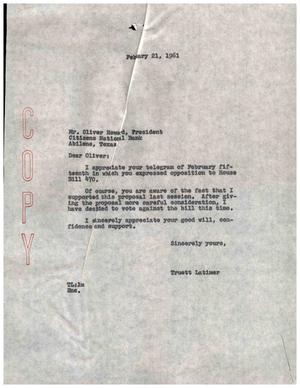 Primary view of object titled '[Letter from Truett Latimer to Oliver Howard, February 21, 1961]'.