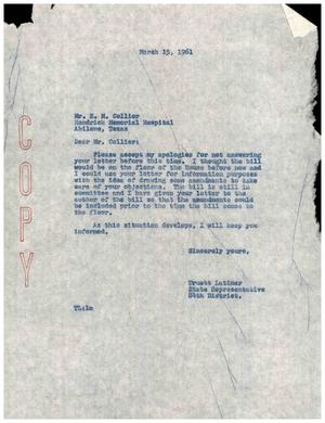 [Letter from Truett Latimer to E. M. Collier, March 15, 1961]