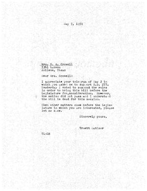 [Letter from Truett Latimer to Mrs. R. A. Crowell, May 7, 1959]
