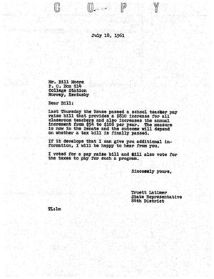 [Letter from Truett Latimer to Bill Moore, July 18, 1961]