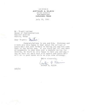 [Letter from Arthur A. Klein to Truett Latimer, July 19, 1961]