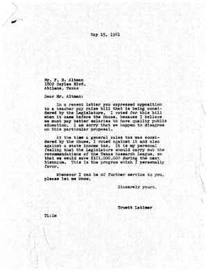 [Letter from Truett Latimer to F. B. Altman, May 15, 1961]