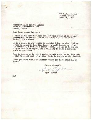 [Letter from Lyn Taylor to Truett Latimer, April 26, 1961]