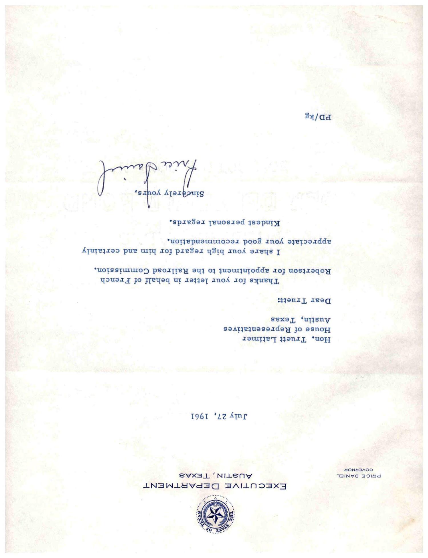 [Letter from Price Daniel to Truett Latimer, July 27, 1961]
                                                
                                                    [Sequence #]: 1 of 1
                                                