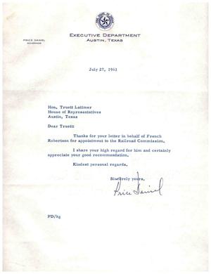 [Letter from Price Daniel to Truett Latimer, July 27, 1961]