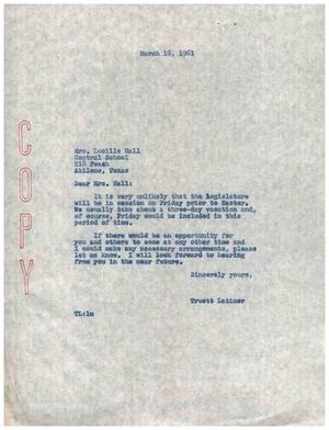 [Letter from Truett Latimer to Lucille Hall, March 16, 1961]