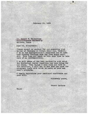 [Letter from Truett Latimer to Rupert N. Richardson, February 20, 1959]
