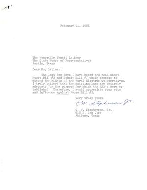 [Letter from C. W. Stephenson, Jr. to Truett Latimer, February 21, 1961]