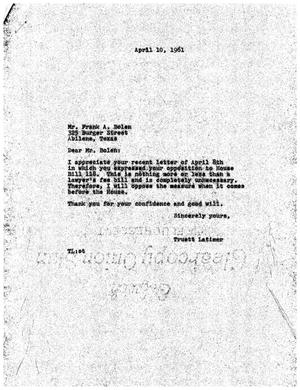 [Letter from Truett Latimer to Frank A. Bolen, April 10, 1961]