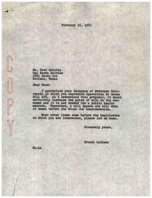 [Letter from Truett Latimer to Fred Schultz, February 16, 1961]