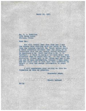 [Letter from Truett Latimer to R. L. McMillon, March 22, 1961]