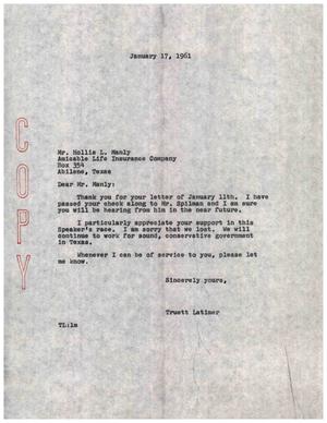 [Letter from Truett Latimer to Hollis L. Manly, January 17, 1961]