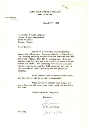 [Letter from E. B. Germany to Truett Latimer, March 17, 1961]