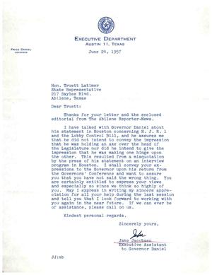 [Letter from Jake Jacobsen to Truett Latimer, June 24, 1957]