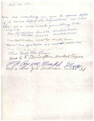 [Letter from Mrs. R. J. Miller to Truett Latimer, February 25, 1961]