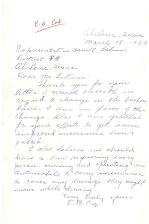 [Letter from E. B. Cox to Truett Latimer, March 18, 1959]