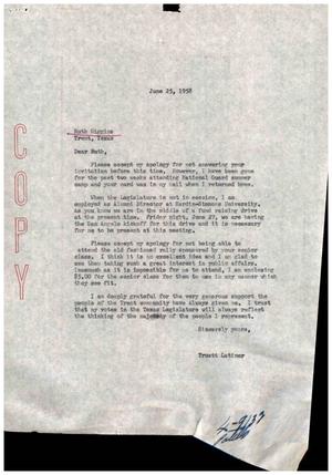 [Letter from Truett Latimer to Ruth Higgins, June 25, 1958]