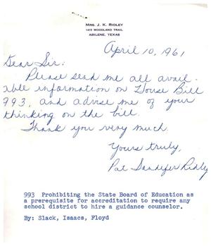 [Letter from Mrs. J. K. Ridley to Truett Latimer, April 10, 1961]